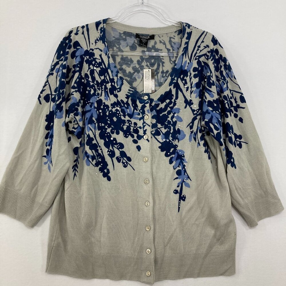 New‎ Moka Sport 1X Blue Gray Floral 3/4 Sleeve Lightweight Knit Button Cardigan